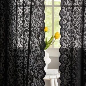 Black Lace Curtains 63 inches Length Elegant Vintage Floral Sheer Curtain Panels